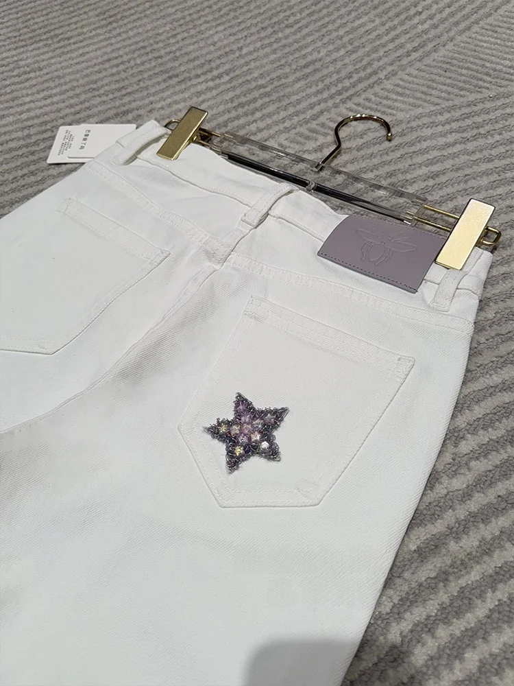 

High Waist Straight Leg Jeans Women's Embroidered Star Denim Cotton Zipper Pocket Spring Season Ladies Fashion Jeans
