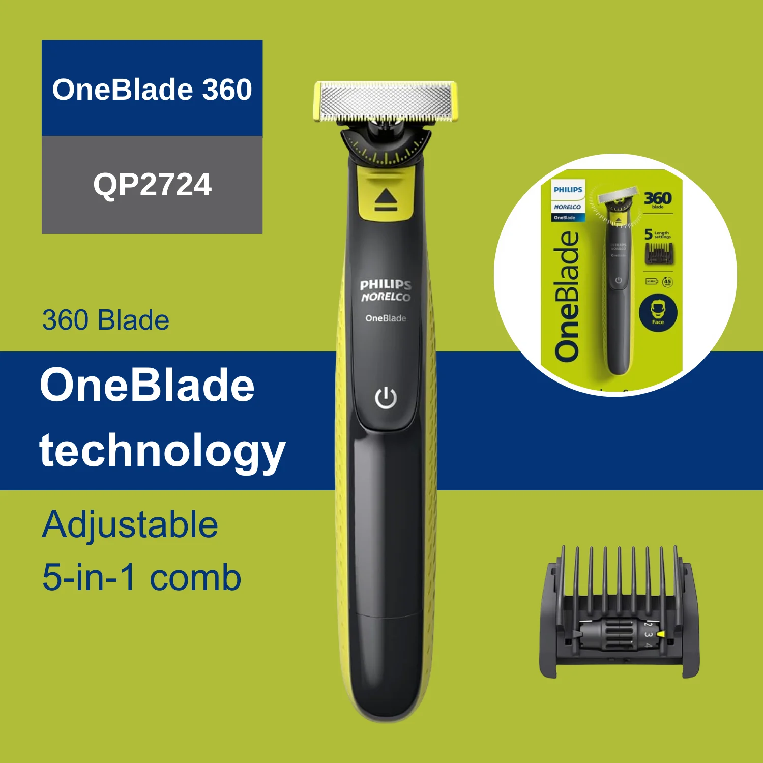 

Philips Norelco OneBlade QP2724/70, OneBlade Technology, 360 Blades, 5-in-1 Adjustable Comb, Wet/Dry Use