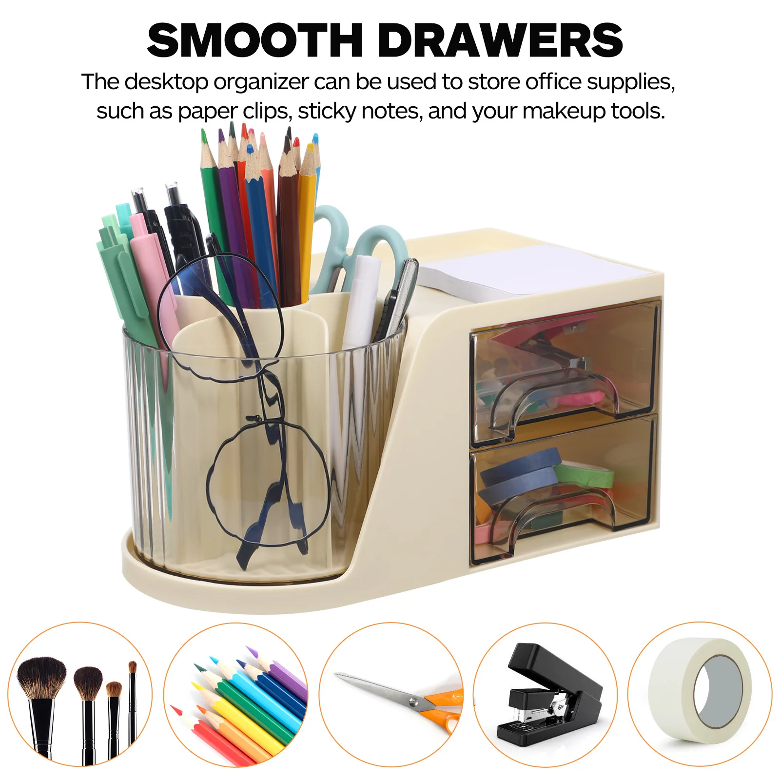 

Rotatable Desktop Organizer Pen Holder Stationery Storage Box with Multiple Compartments and Smooth Double Drawers for Office