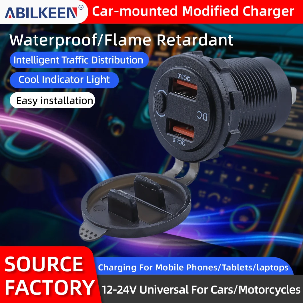

Cool LED Dual USB Car Charger Easy-to-Install with Switch 12/24V Fast Charging Socket for Phones Tablets and Electronic Devices