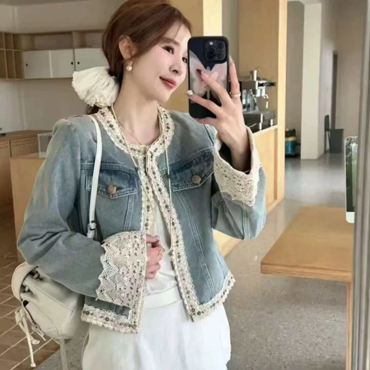 

Denim Coat Fur Womens Fall Double-Breasted Utility Oversized Appliques Slim-Fit Young Pleated Elastic Drawstring Jackets Vintage