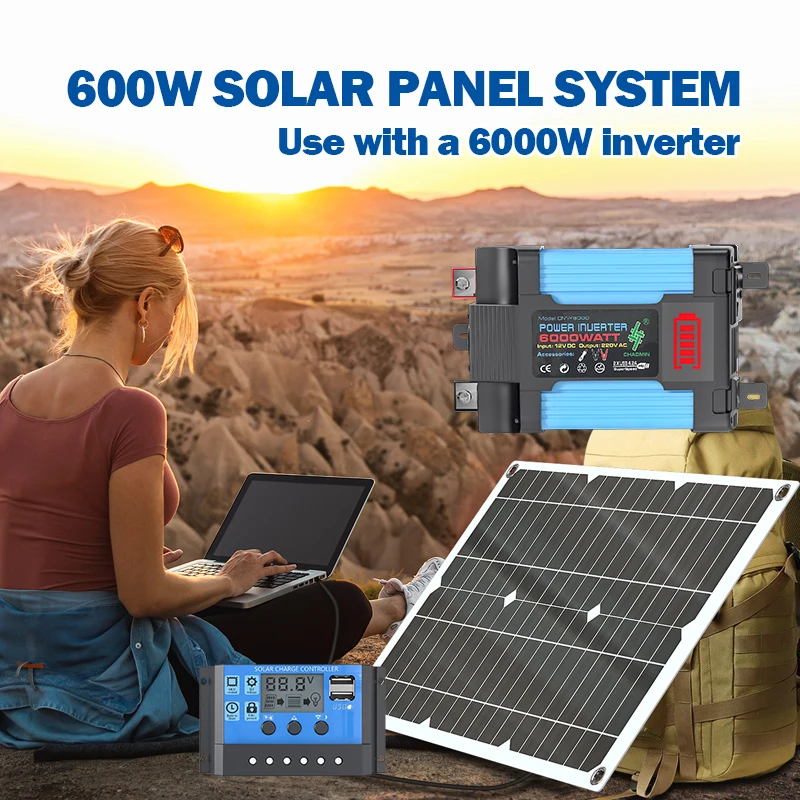 Tragbarer 6000W Wechselrichter 600W Solarpanel 12V Spannungsumwandlung für Notfall-Backup, Angeln, Hausbau und Reisen