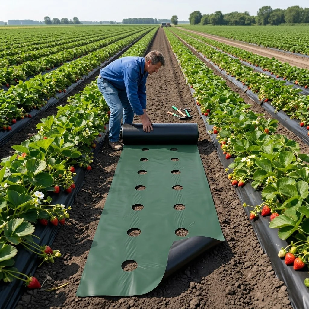 Pre-Cut Weed Barrier Fabric with Stakes, Perforated Anti Grass Cloth, Breathable Agricultural Mulch Film for Garden Farm