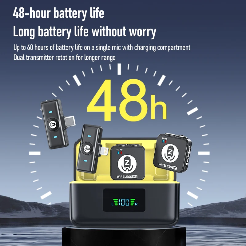 Zwide M5 ميكروفون لاسلكي صغير مربع للبث المباشر عبر الهاتف المحمول، ومقابلات تسجيل فيديو خارجية ذات مستوى احترافي، والضوضاء