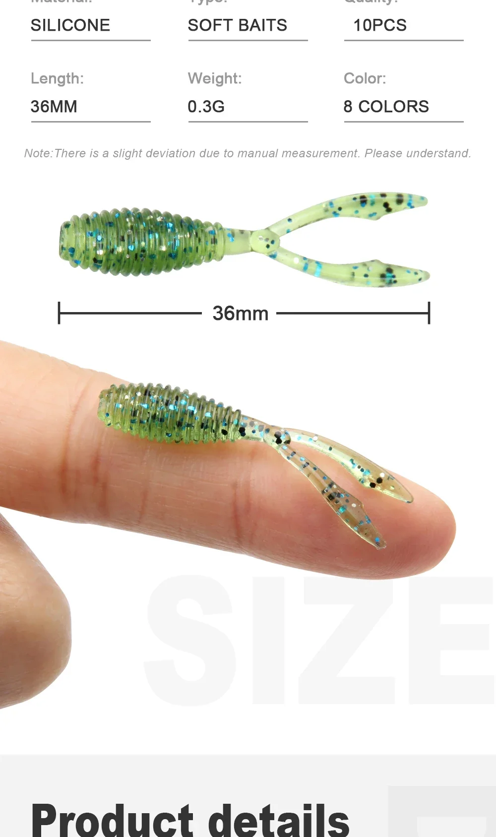 Spinpoler Ajing Weiche Angelköder Rockfish 10 teile/los 0,3g 36mm Twin Tail Künstliche Wobbler Ocean Rock Silikon Shad Wurm Köder – Detail 2