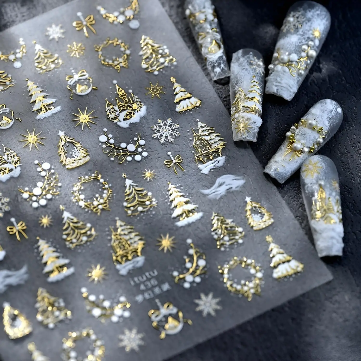 1Pcs 5D Embossed Gold Castle Garland Christmas Tree Nail Stickers Snowflakes Star Nail Decals Self-Adhesive Nail Accessories