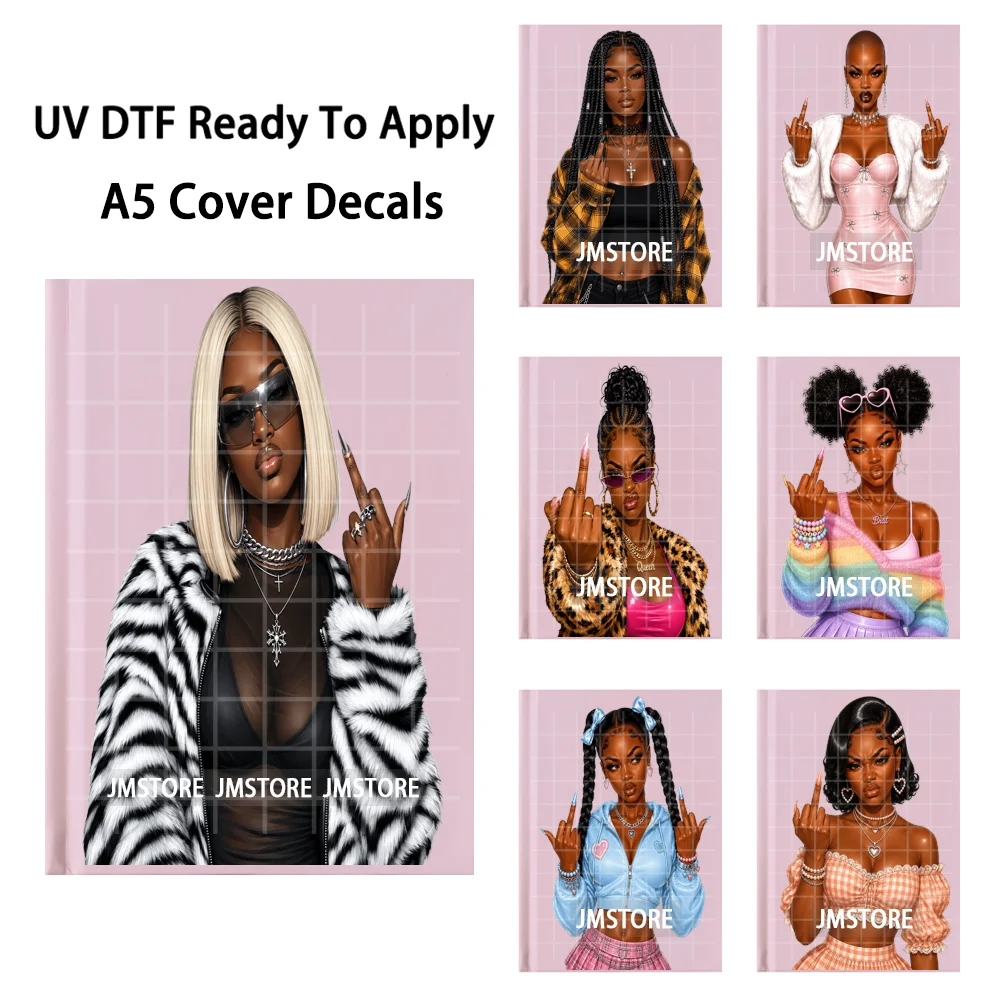 Fashion Black Woman Middle Finger A5 Notebook UV DTF Wraps Ready To Apply Waterproof Transfer Stickers Decals For Journal Cover