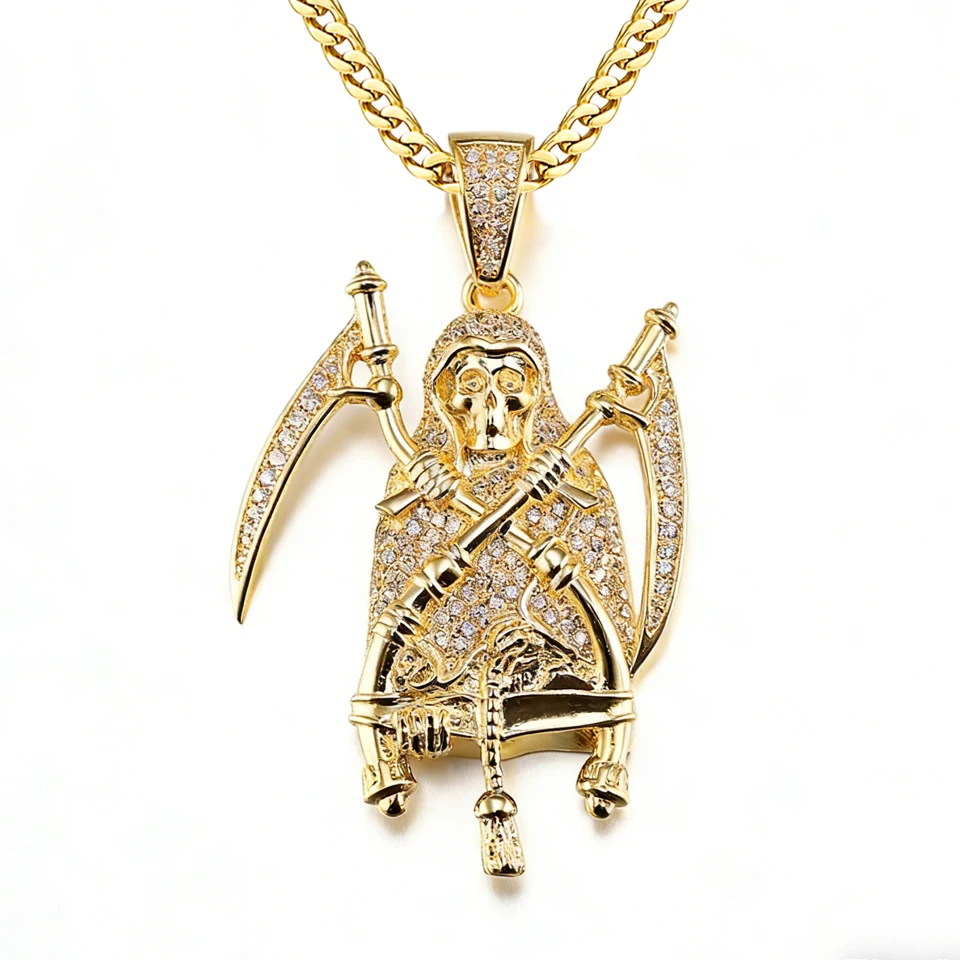 VANAXIN Hip Hop Death's Scythe Necklace Pendant for Men Women Death Grim Reaper Skull Scything Halloween Jewelry Gift