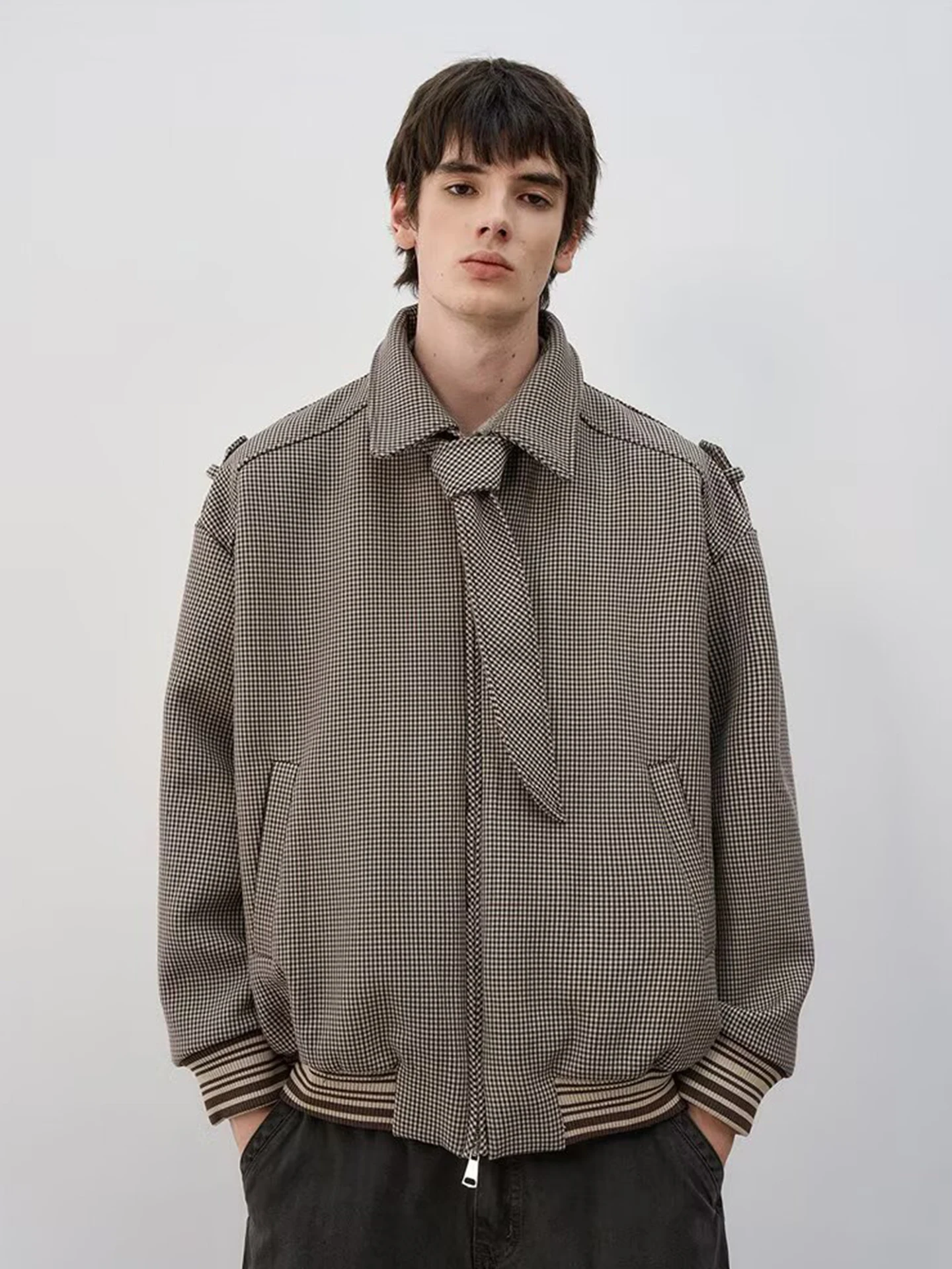 

Vintage Plaid Jaet Coat Men's Classic Sle Retro ape Upper Body Clothing Loose Fit Color Blo Ribbed Hem