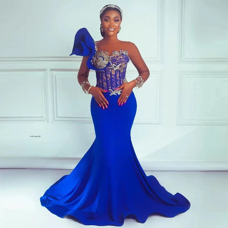 

Aso Ebi Royal Blue Вечерние платья с длинными рукавами и аппликацией Иллюзионное платье для выпускного вечера Русалка Вечерние платья знаменитостей для Африки