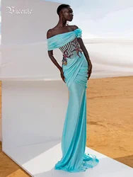VC 2026 Cyan Mesh Mermaid Long Dress Pleated Structured Flower Crystals Starfish Fishbone Strips Cocktail Party Evening Gown