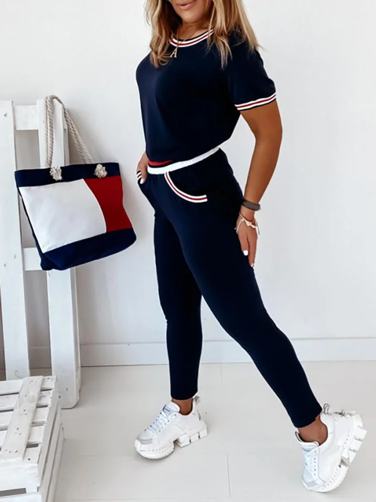 Contrast Binding Short Sleeve Top  Pockets Design Pants Sets Casual Workout Women Two Piece Set Female Streetwear Women Clothing