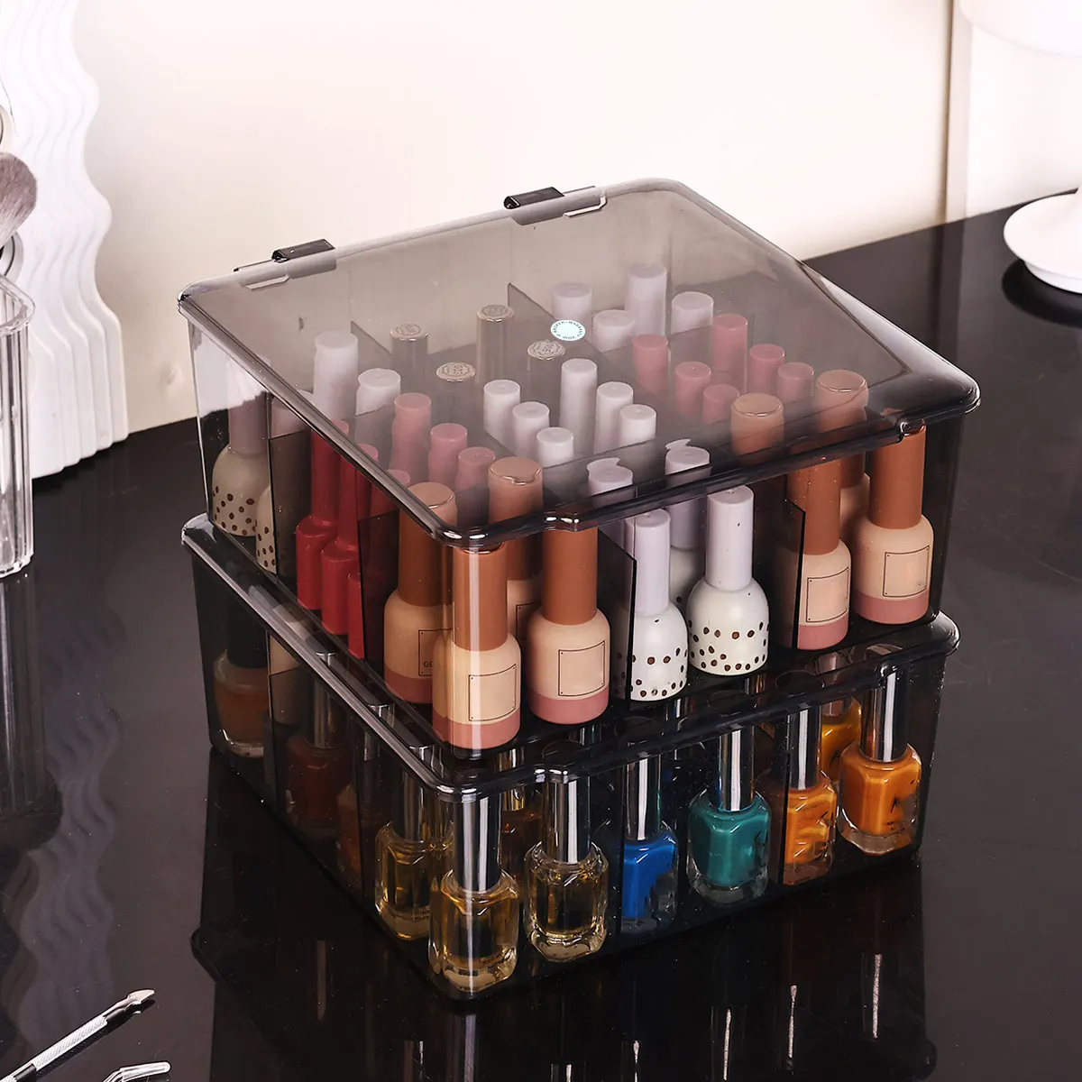 Transparente Nagellack-Aufbewahrungsbox - Klappdeckel-Typ, Geeignet für Lippenstift, Parfüm, Essenz, 9-Fächer Schmuckbox mit Großer Kapazität – Detail 1