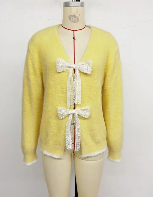 

Women's Sweater 2025 Spring Autumn New Solid Color V-Neck Long Sleeve Lace Bow Decor Casual Pullover Sweater Jacket