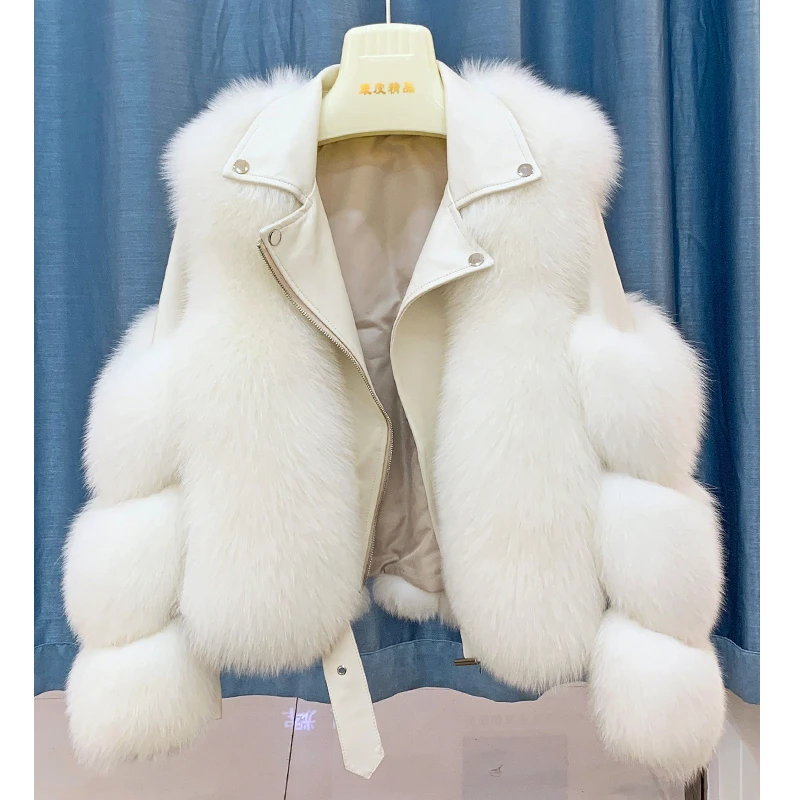 Free Shipping Women Winter Real Fox Fur Jacket Lady Sheepskin Biker Jacket