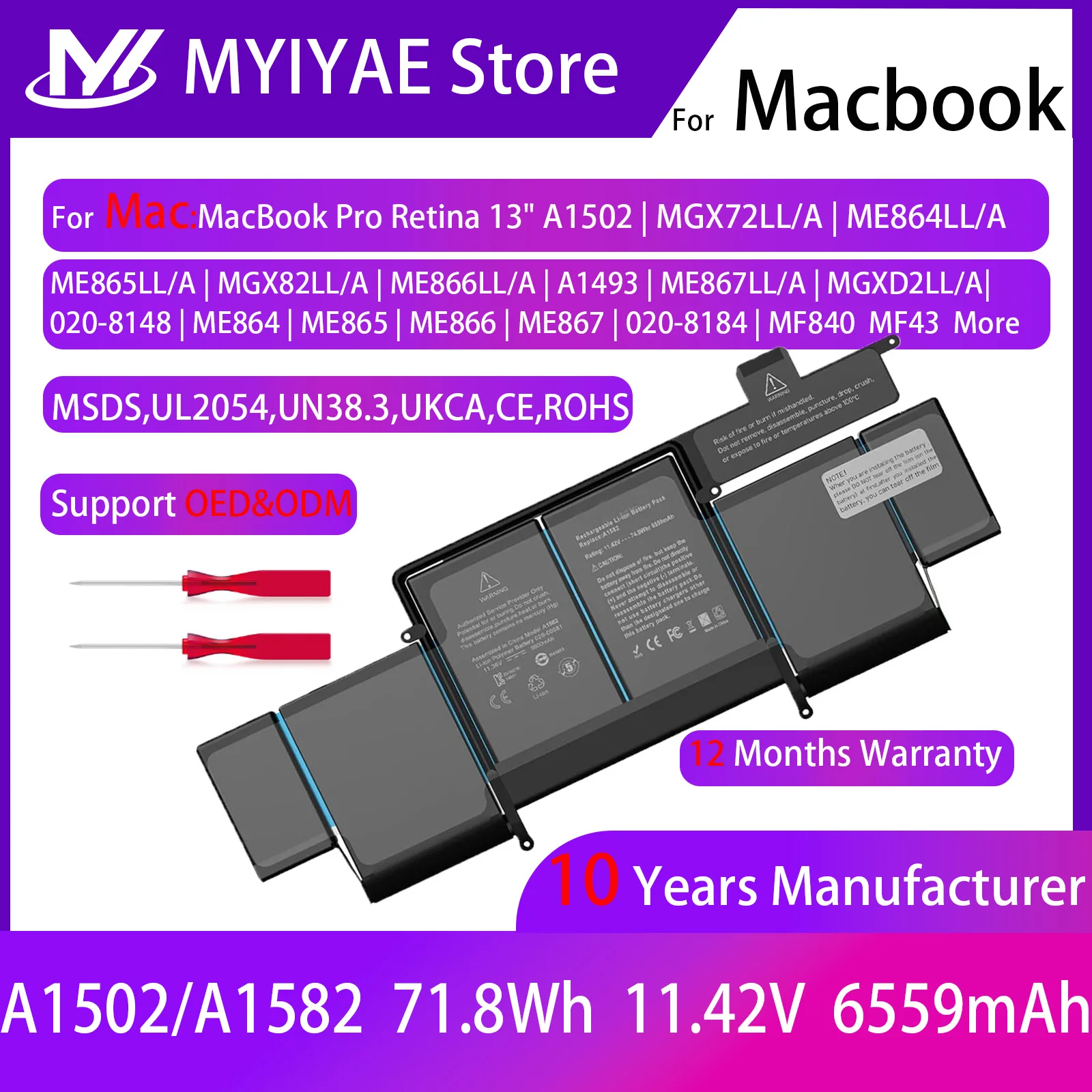 Bateria do Portátil para Apple Macbook Pro Retina 13 ” 13 2013 2014 2023 A1493 A1502 A1582 Novo