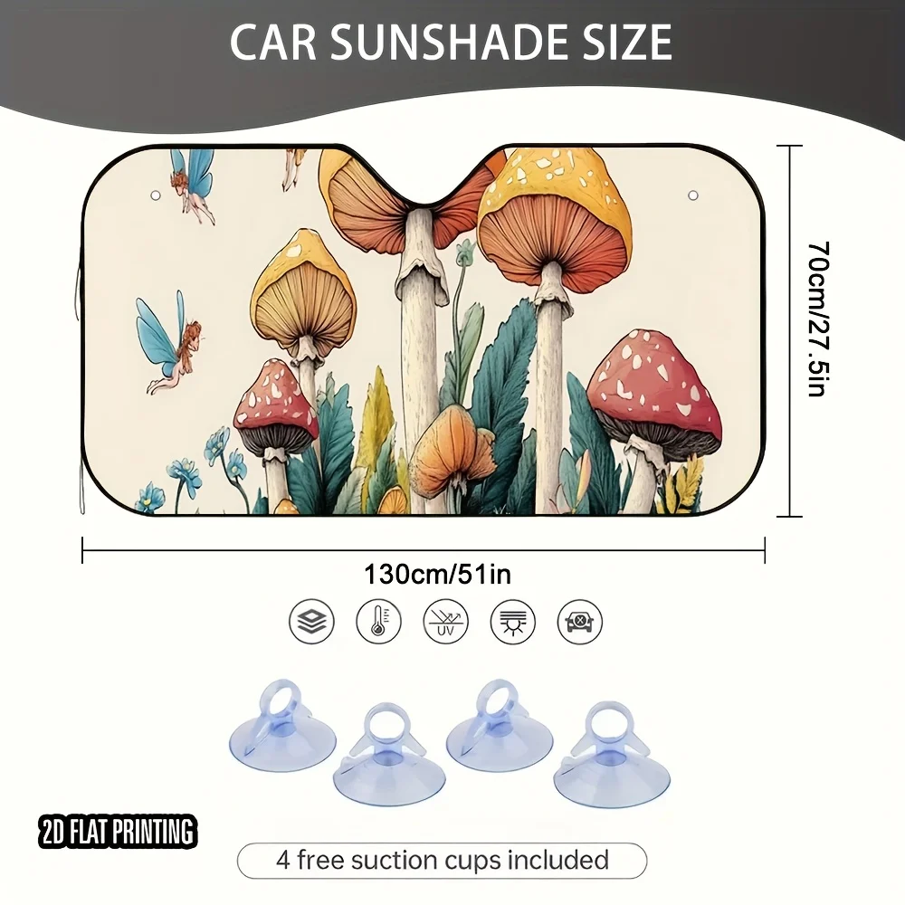 2D Flat, 1pc 2D Flat Halloween Mushroom Elves Car Sunshade - Fit Windshield Sun Visor With Vibrant Mushroom & Fairy Design, Keep