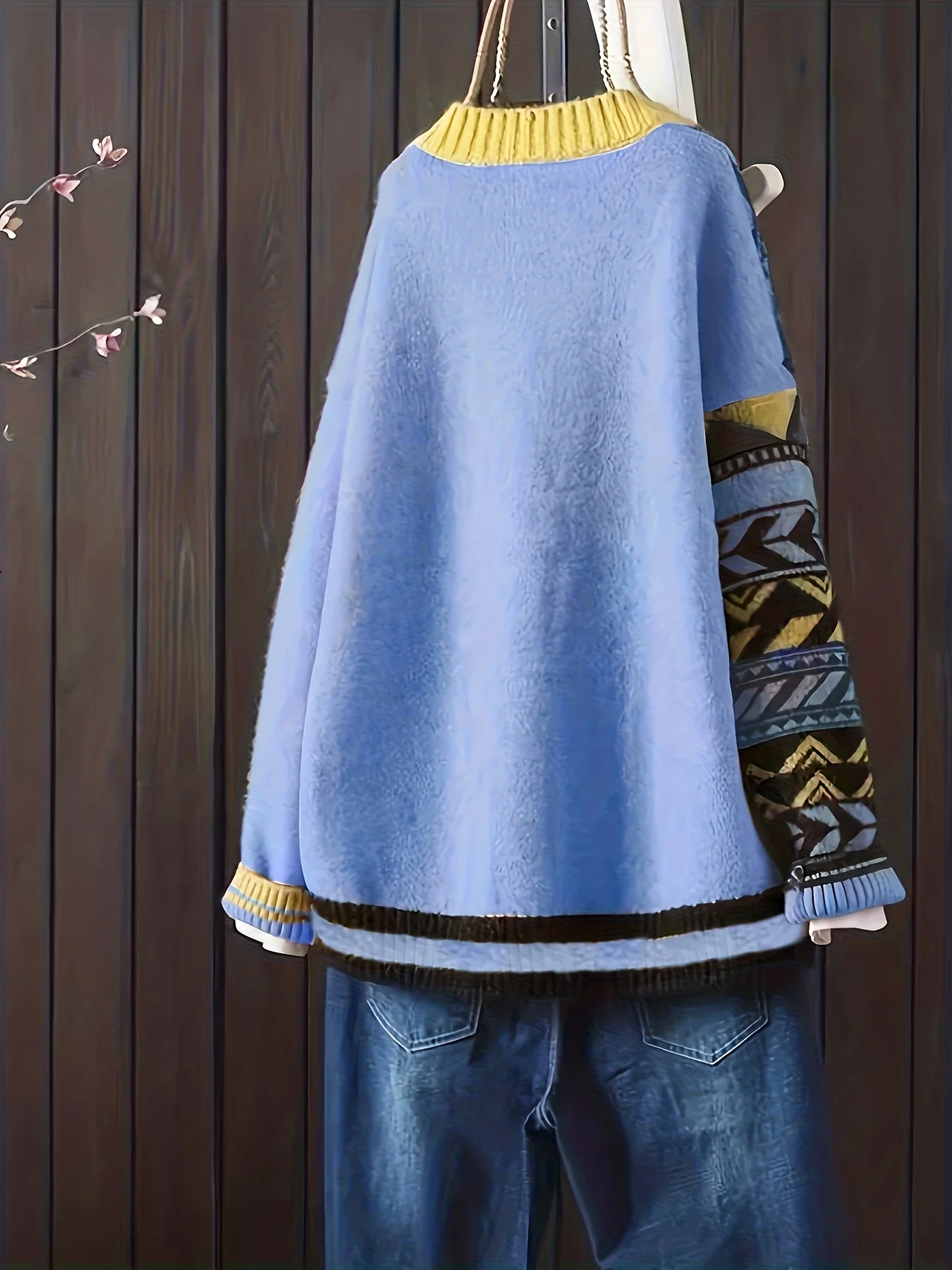 Cardigan lavorato a maglia con motivo geometrico a contrasto blu Maglione da donna con motivo etnico con scollo a V alla moda autunno e inverno