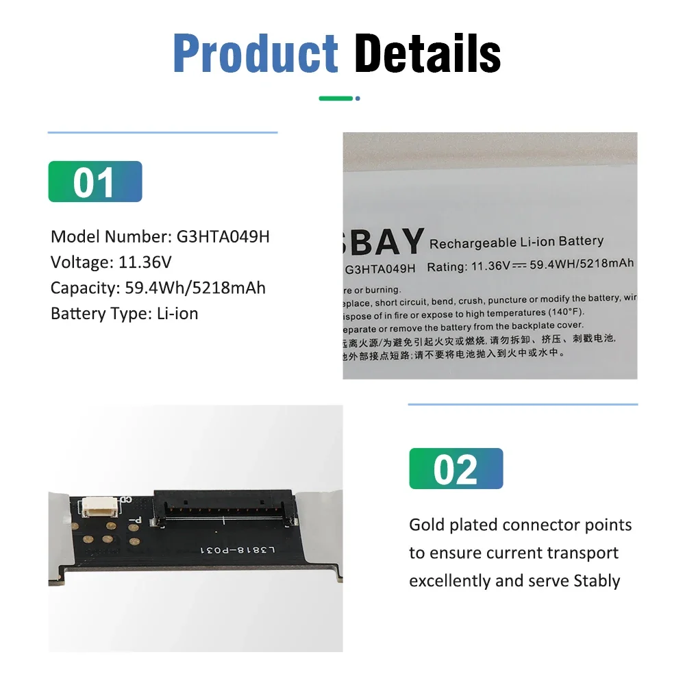 ETESBAY G3HTA049H For Microsoft Surface Book 2nd Gen 13.5" 1835 G3HTA050H 11.36V 59.4Wh 5218mAh Laptop Battery - Image 5