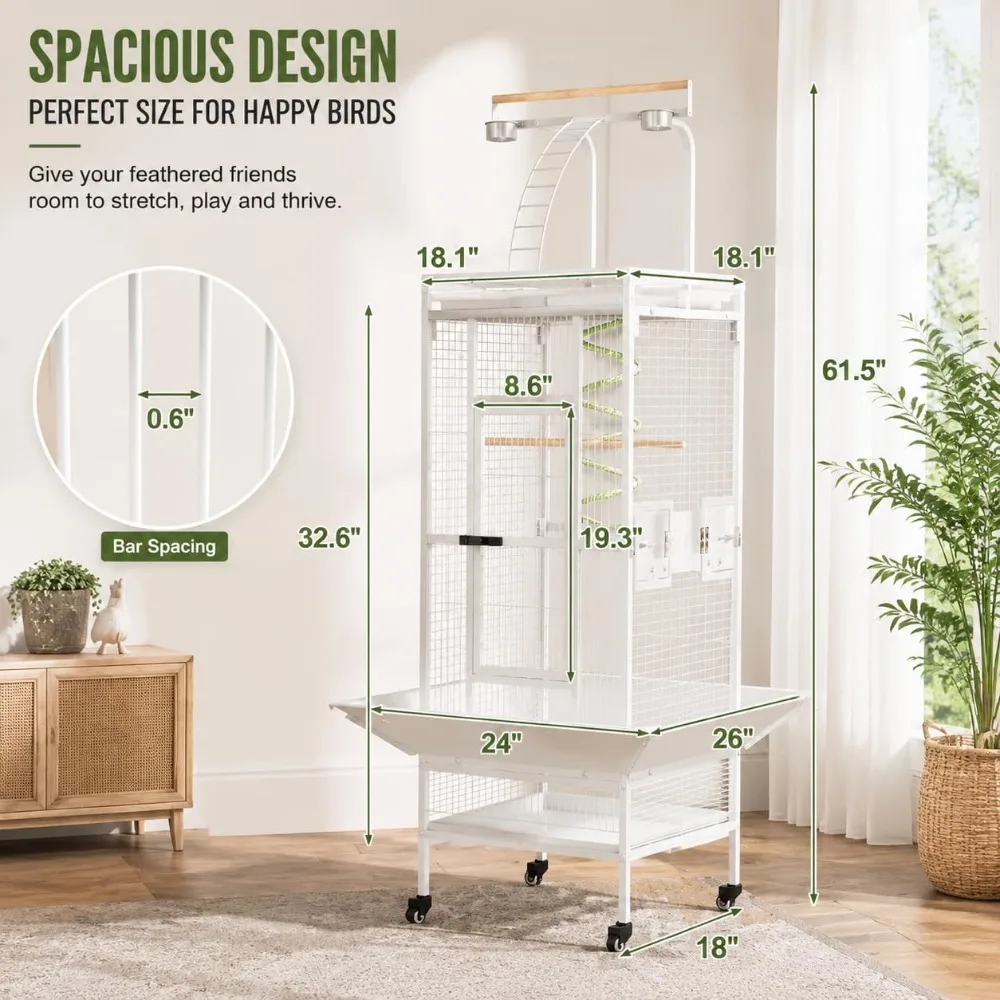 61 Inch Wrought Iron Large Bird Cage with Wheels Heavy Duty Pull Out Tray for Parrots Cockatiels Budgies Lovebirds Macaws White