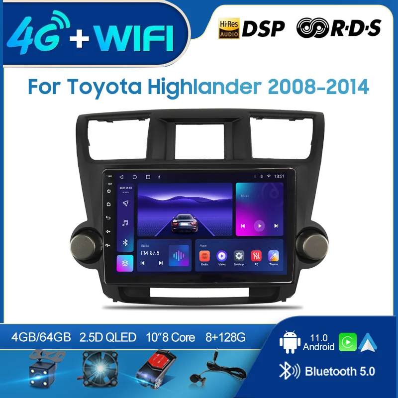 

QSZN для Toyota Highlander 2008-2014 LHD 2din Android 12.0 автомобильный радиоприемник мультимедийный видеоплеер GPS-навигация 4G Carplay головное устройство