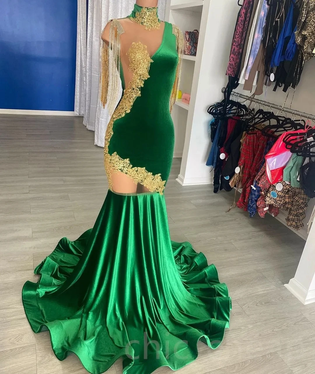 Green African American Prom Dresses Mermaid High Collar Velvet Apppliques Black Girls Nigeria Saudi Arabia Evening Dresses Gown