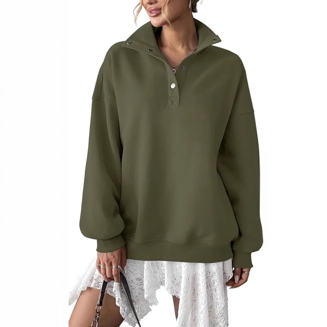 Women Waffle Knit Half Snap Button Lapel Sweatshirt Loose Drop Shoulder Long Sleeve Casual Pullover Top