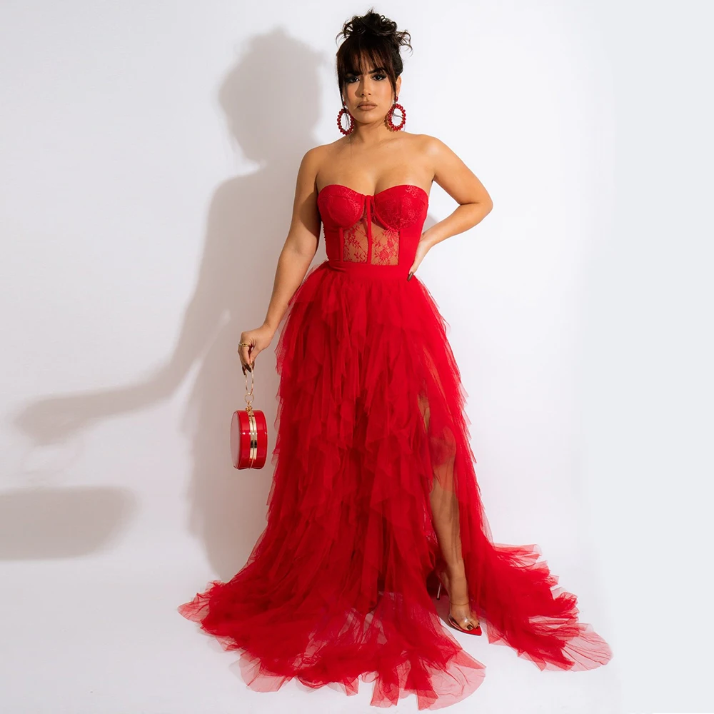 

Plus Size Women Sexy Sheer Party Dress Solid Lace Tiered Off-Shoulder Sleeveless Fashion Maxi Split Evening Wedding Prom Dresses