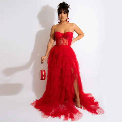 Plus Size Women Sexy Sheer Party Dress Solid Lace Tiered Off-Shoulder Sleeveless Fashion Maxi Split Evening Wedding Prom Dresses