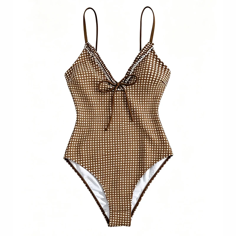 Sexy Halter Backless Swimsuit One Piece Deep V Neck Simple Lattice Swimwear Woman 2026 Coffe Sleeveless Spaghetti Strap Bodysuit