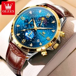 OLVES Leather Men watch Moon Phase Waterpoof Luminous Luxury Business Chronograph Quartz Wrist Watch for Men