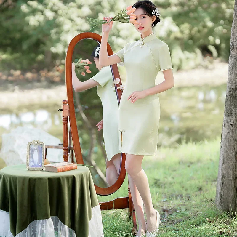 Yourqipao Summer Short Improved Cheongsam Simple Elegant Chinese Style Single Layer Jacquard Qipao Mandarin Dress for Women