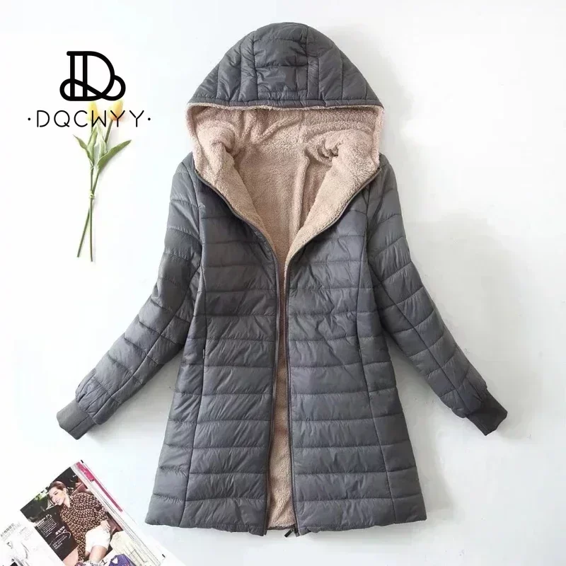 Women\'s Jacket Winter New Mid Length Korean Edition Hooded Fit Plus Fleece Cotton Coat Warm Lamb Fleece Parkas Winter Jackets