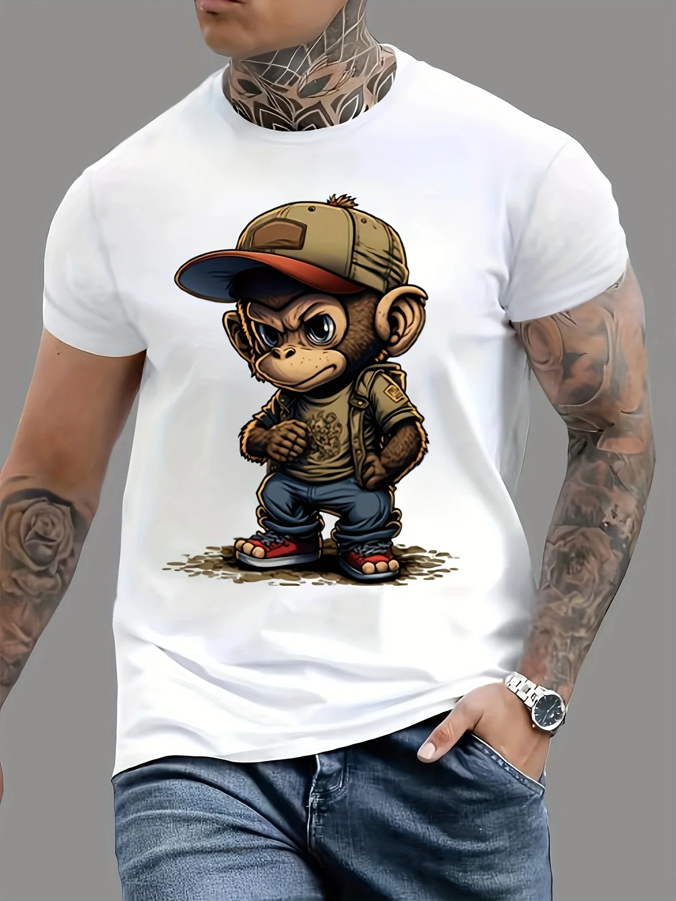 Men'S Elegant Crew Neck Geometric Patterned Cotton Slight Stretch Summer Regular Fit T-Shirt