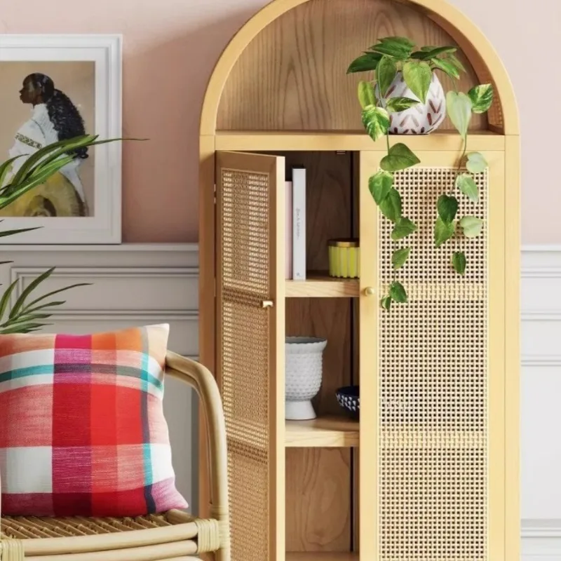 Solid wood braided rattan children's bookcase, retro arched decorative locker in the living room, storage cabinet against