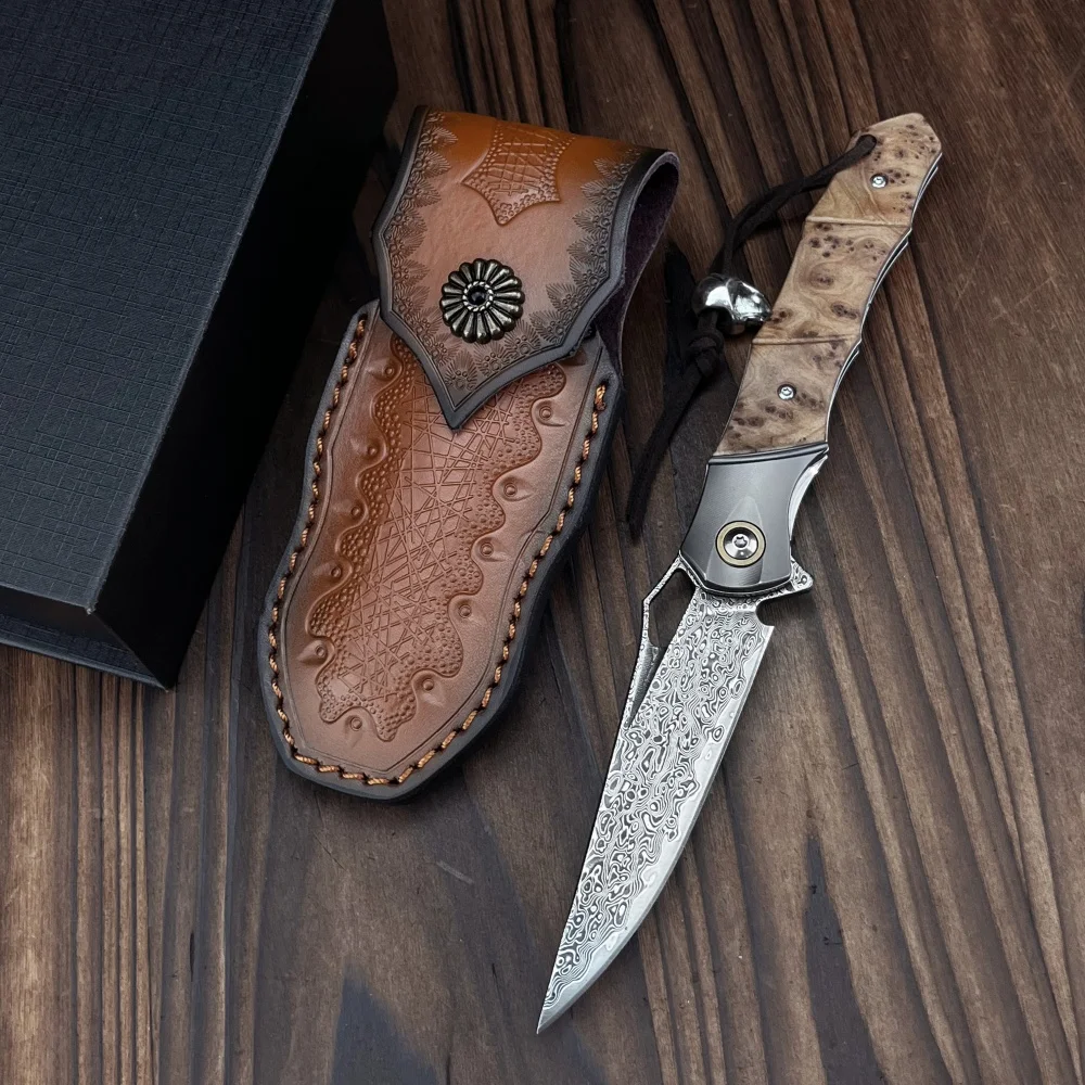 crocodile Damascus Steel Folding Pocket Knife, Men's EDC Pocket Knife with Sheath, Camping Hunting Outdoor Survival tools view 5