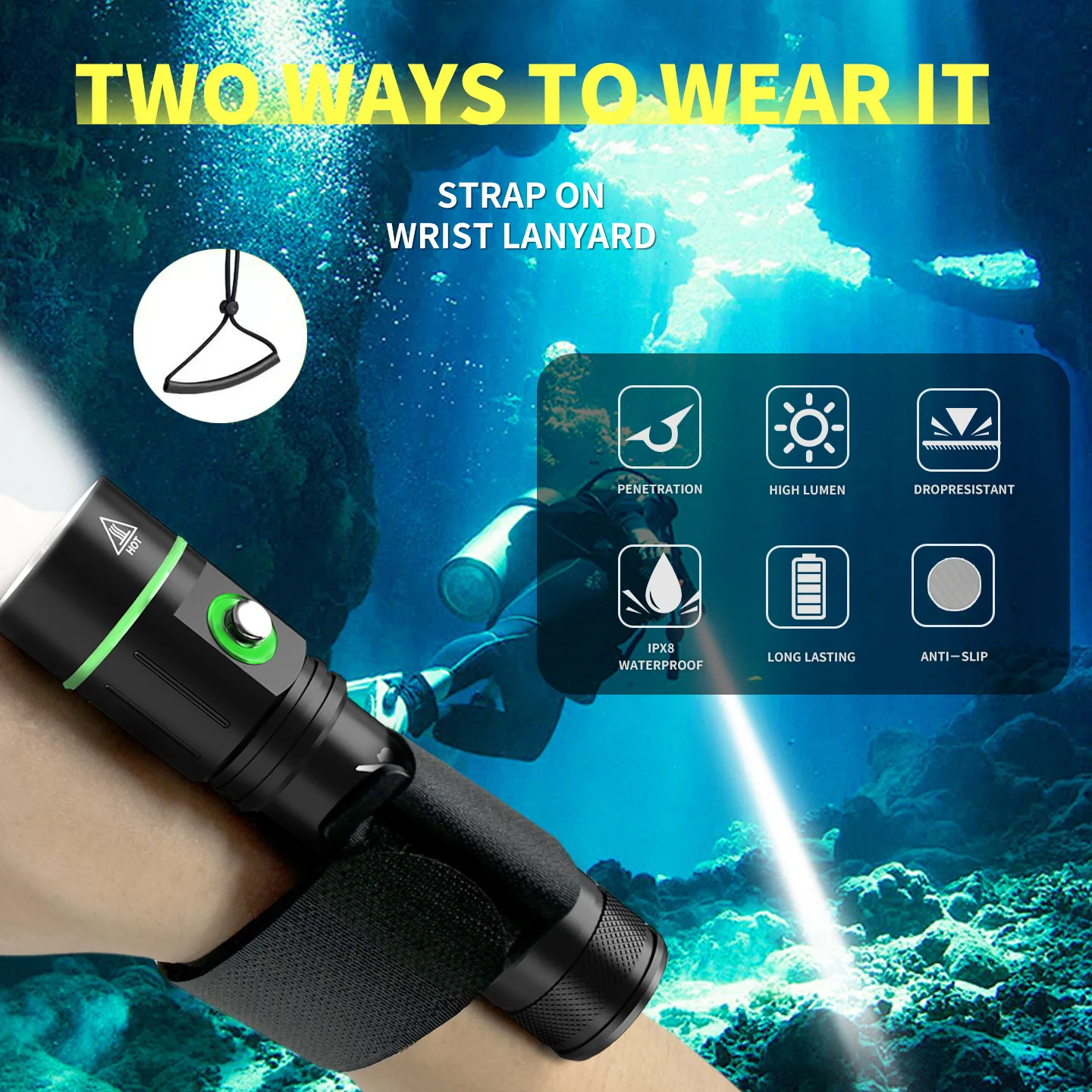 Tactical High Lumen Professional Diving Flashlight, Compact & Portable Rechargeable Underwater Fill Light, Camping Torch