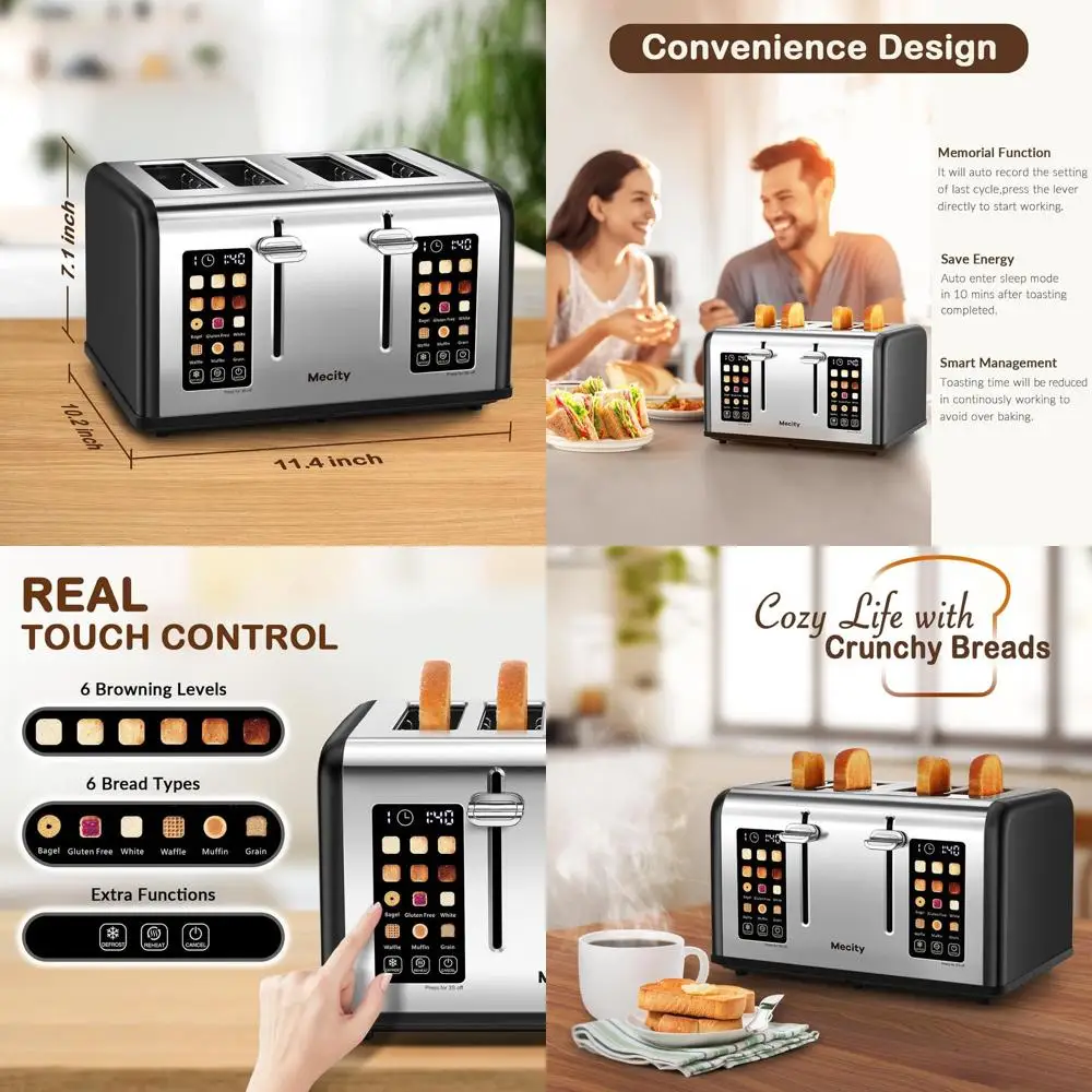 

Тостер из нержавеющей стали на 4 ломтика с сенсорным экраном, широкими слотами для багелей, маффинов, вафель, двойным управлением, таймером, функцией разморозки