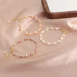 Minar High Quality White Pink Purple Color Irregular Freshwater Pearl Beads Knitted Strand Bracelets for Women Wedding Jewelry
