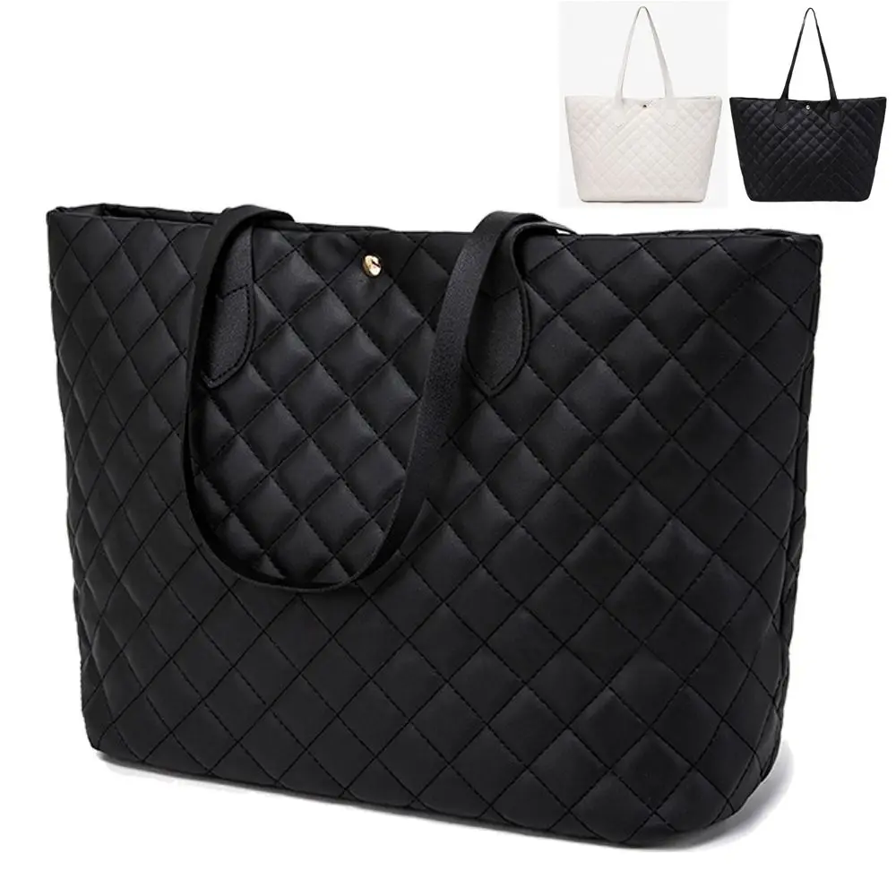 Bolso de mano de cuero de gran capacidad para mujer, bolso de mamá con cierre a presión, negro/blanco, a la moda