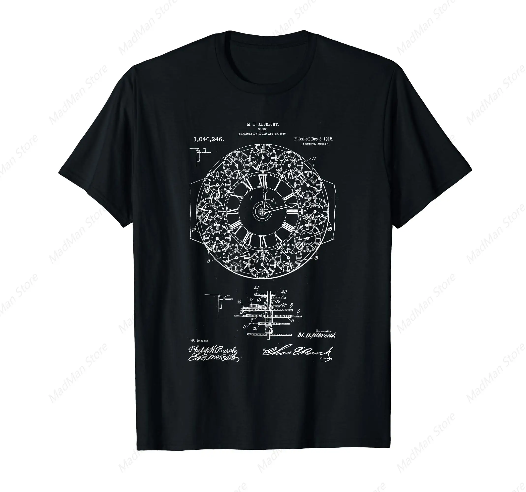 

Clock Watch Vintage Patent Art T-shirt for Men Women Cotton Top Tee