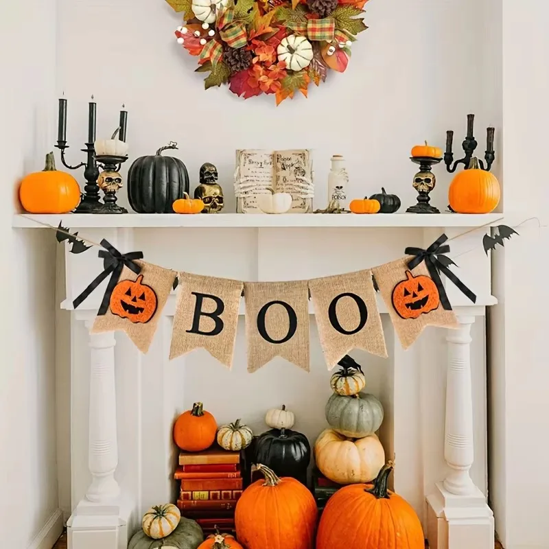 1set Halloween BOO Burlap Banner Pumpkin Pattern Bunting Flag with Black Bow Party Home Mantel Hanging Decor