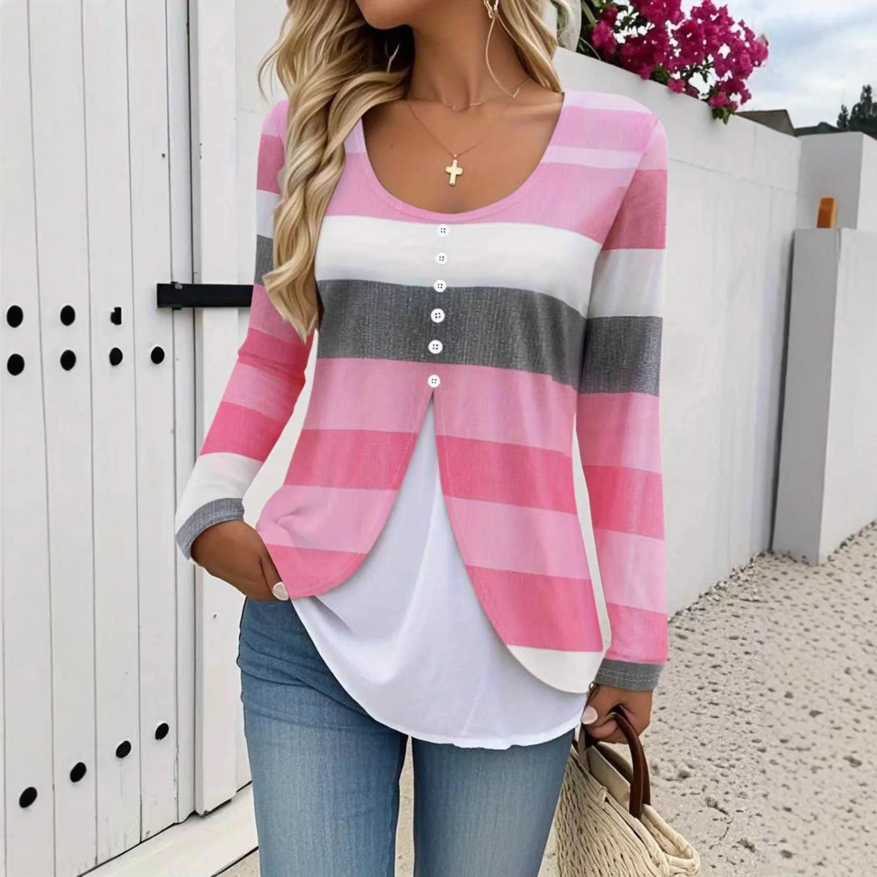 Woman Trendy Striped Floral Print Button Front Layered Tops Spring Autumn Casual Loose Fit V-Neck Retro Checkered T-Shirt