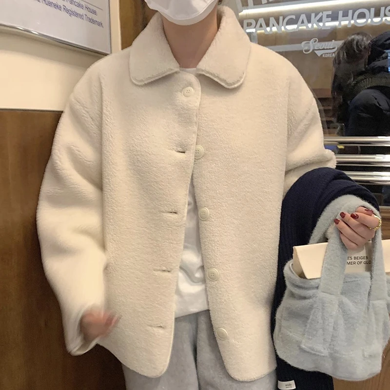 

Новые корейские шикарные женские куртки-бомберы осень/зима однобортное пушистое свободное повседневное короткое пальто с французскими лацканами