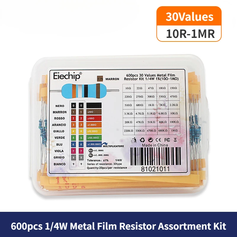 

300/600PCS 30Values 1/4W Metal Film Resistor Kit with Box 10Ohm ~1M Resistance 1% Set of Resistors