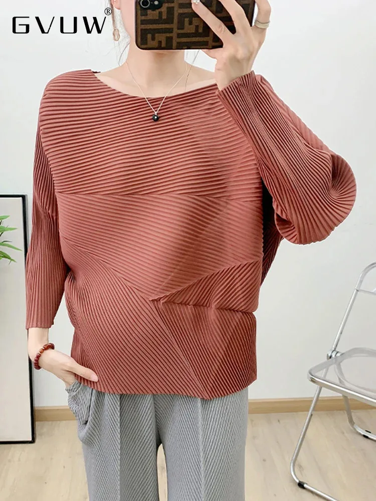 

GVUW Pleated Round Collar T Shirt Women Full Batwing Sleeve Round Collar Loose Versatile Solid Color New 2024 Clothing 17G8422