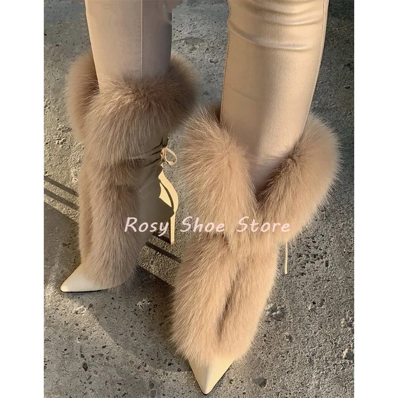 

Fur Pointed Toe Leather Patchwork Lace Up Women Boots New Style Shoes Stiletto Heels Winter Warm Ankle Boots Party Designer Shoe