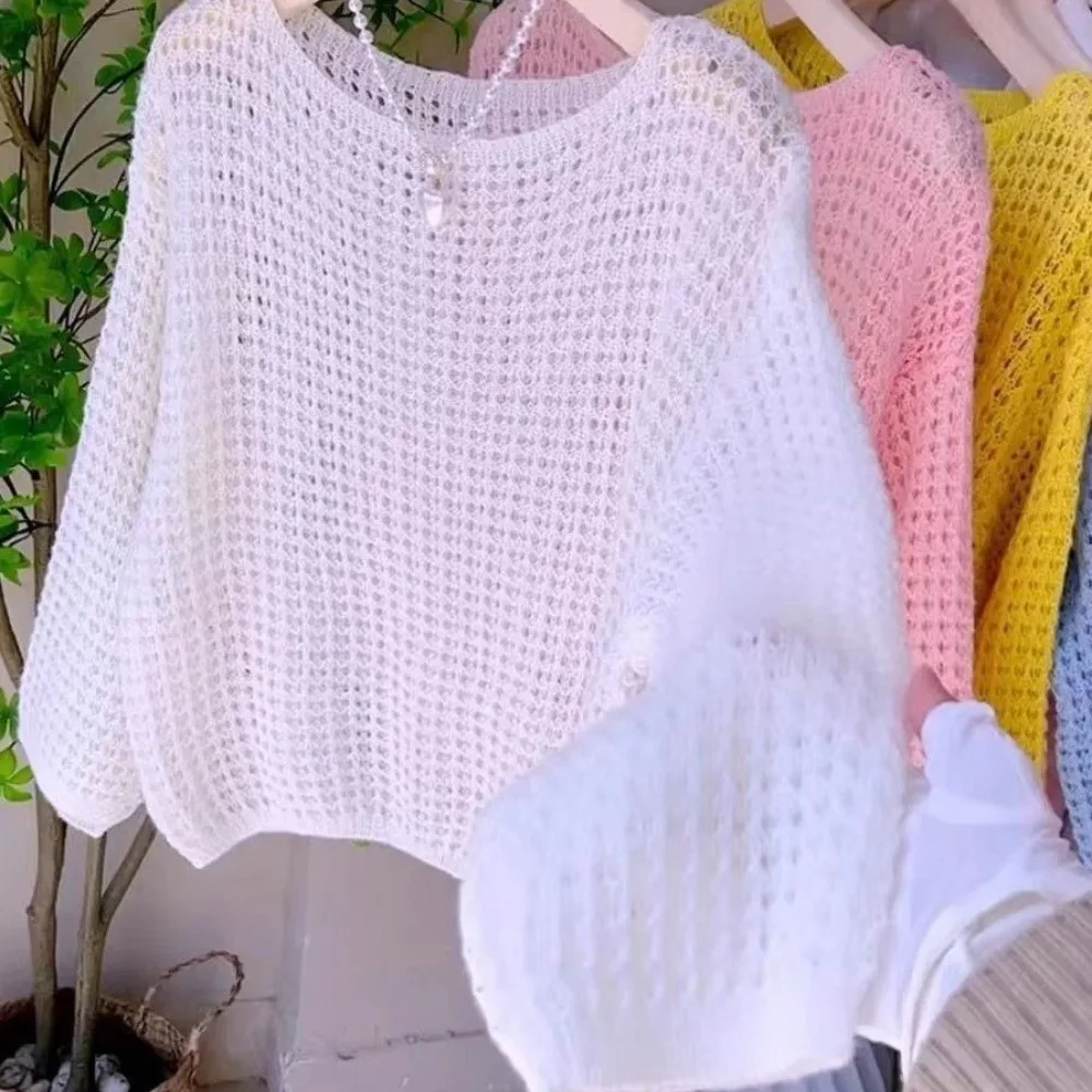 

Thin Hollow Out Mesh Sweater Pullovers O Neck Long Sleeve Crochet Knit Sweater Soft Lightweight Knitwear Sweater Women Tops
