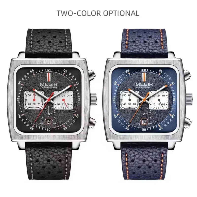 MEGIR 2182 Men's Business Quartz Watch Original Chronograph Luminous Wristwatch Leather Strap Square Dial Calendar Sports Clock