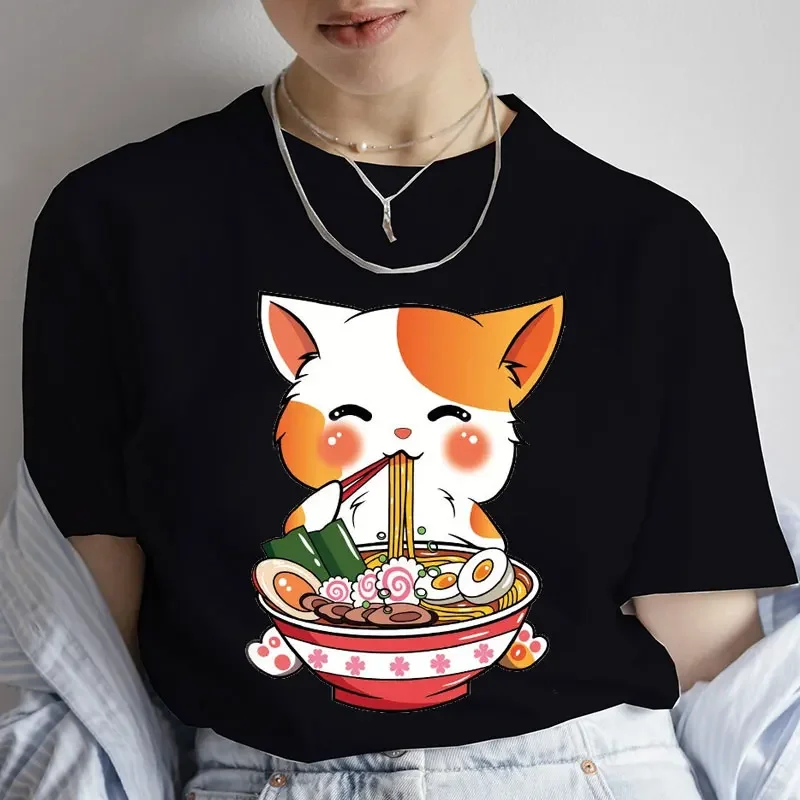 Anime T-shirts for Women Japanese Anime Tshirts Korean Noodle Tee Shirts Cute Ramen Kitten Graphic T Shirts Top